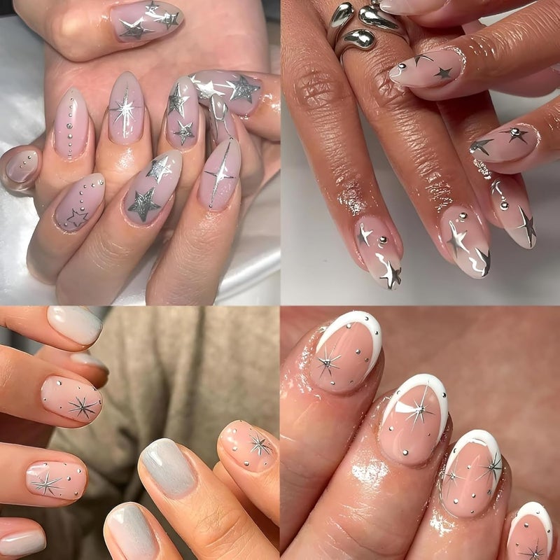 SPLOCUDU 30 Sheets Silver Nail Art Stickers 3D Self-Adhesive Line Nail Decals Silver Star Nail Stickers Moon Heart Nail Supplies Nail Art Design for DIY Acrylic Nails Decoration Accessories for Women - Image 3